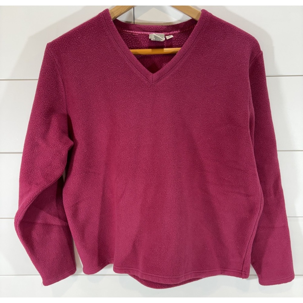 Vintage L.L. Bean Fleece Pullover V Neck Sweater Sweatshirt Women's Size L Pink